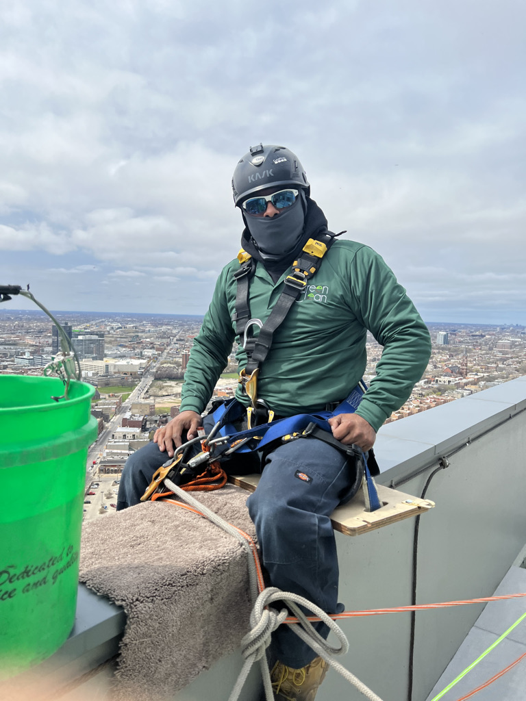 Ascent worker ready to clean a Chicago high-rise building