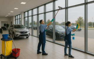 Professional commercial cleaners cleaning the windows of a car dealership in Minneapolis, MN