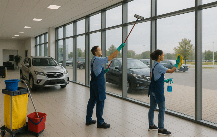 Professional commercial cleaners cleaning the windows of a car dealership in Minneapolis, MN
