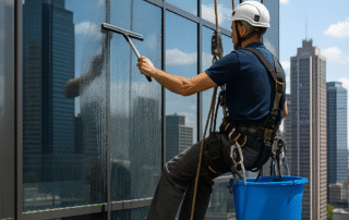 High-rise window cleaner in Chicago cleaning a glass skyscraper exterior with safety ropes and modern equipment