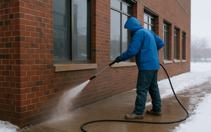 Professional worker performing winter power washing on a commercial brick building in Minneapolis.