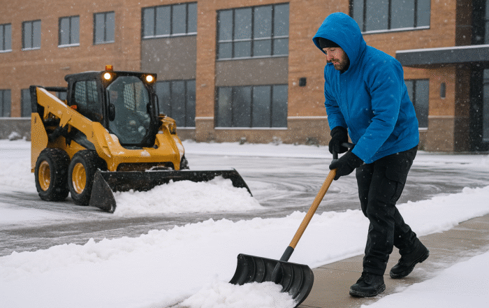 Professional snow removal team clearing snow from a St. Louis commercial property using a skid-steer loader and shovel during winter.