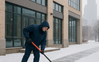 Maintenance worker shoveling snow outside a commercial building in Minneapolis during winter, highlighting essential building maintenance needs.