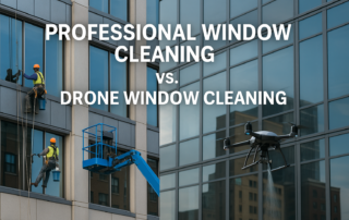 Professional window cleaning compared to drone window cleaning on a commercial building exterior