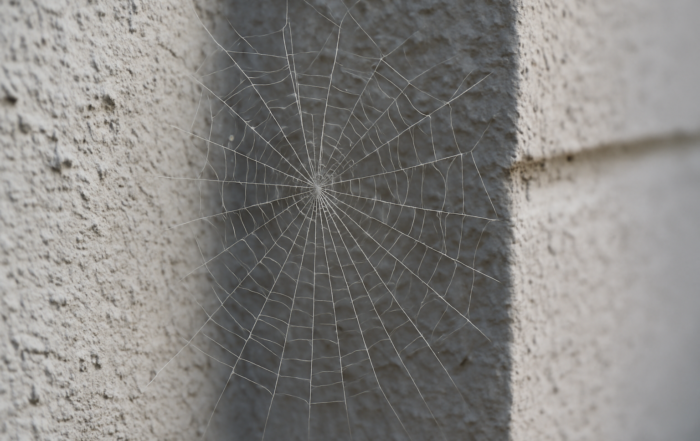 Spider web on a Kansas City commercial building wall, highlighting early spring pest activity that Ascent’s insect & pest control strategies help prevent.