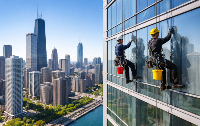 High-rise building maintenance work on a commercial tower preparing exterior surfaces for spring conditions