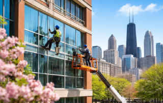 Professional low & mid-rise window cleaning on a Chicago commercial building during spring preparation