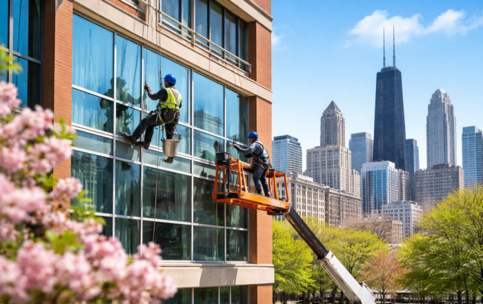 Professional low & mid-rise window cleaning on a Chicago commercial building during spring preparation