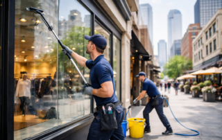 Professional storefront window cleaning improving retail visibility and foot traffic in urban shopping districts