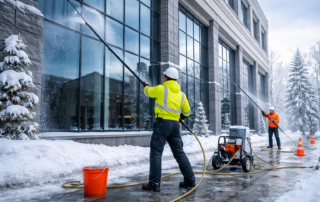 Professional exterior cleaning removing winter grime from a commercial building in snowy Midwest conditions
