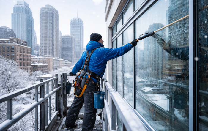 Professional winter window cleaning on a commercial building in a snowy Midwest city