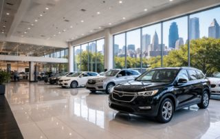 Modern car dealership showroom with polished floors and large glass windows in Chicago metropolitan area.
