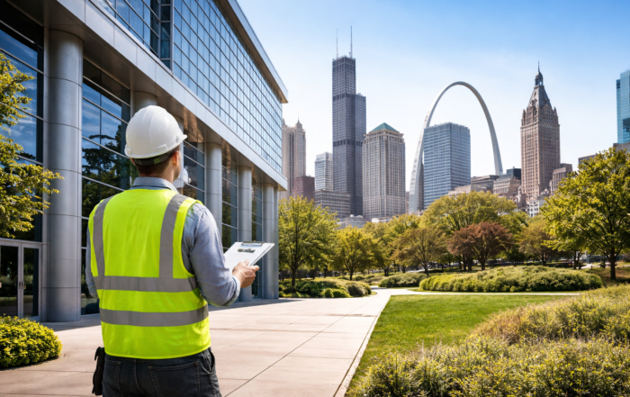 Commercial building maintenance inspection in Midwest city during spring exterior evaluation