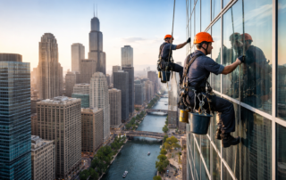 Skyscraper window cleaners using rope access on a high-rise building in downtown Chicago skyline