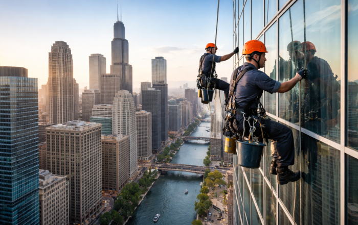 Skyscraper window cleaners using rope access on a high-rise building in downtown Chicago skyline