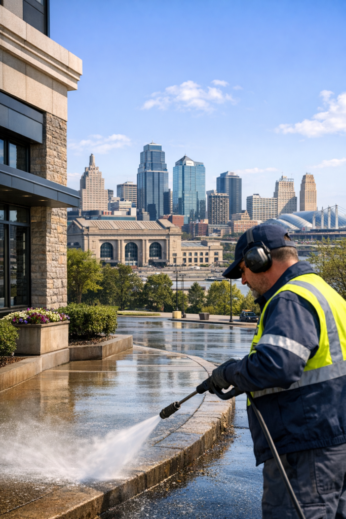 Power washing a Kansas City commercial building with skyline in background