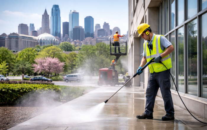 Professional power washing services cleaning commercial building exterior in Kansas City MO during spring to remove winter grime and improve curb appeal