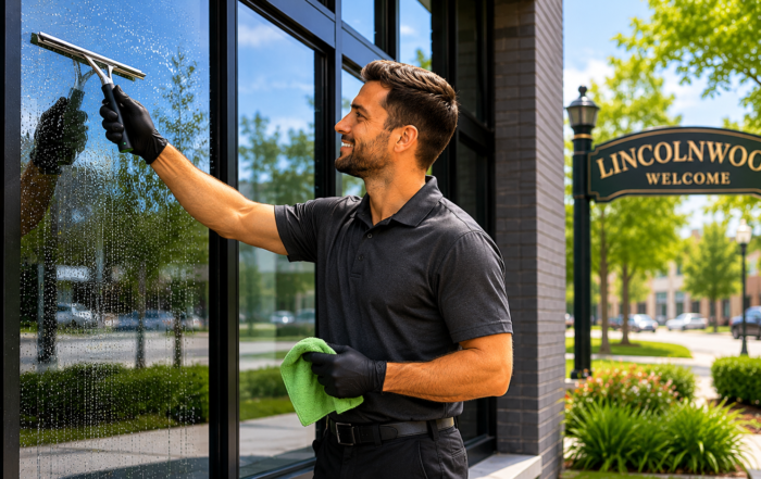 Professional window cleaner servicing a commercial building in Lincolnwood, IL as part of a recurring window cleaning maintenance program for local businesses.