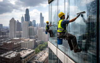 Post storm window cleaning Chicago IL showing high-rise workers cleaning glass facade after heavy rain