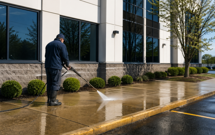 Technician performing commercial power washing on sidewalk outside office building in Kansas City MO during spring cleaning