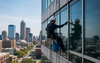 Commercial window cleaning cost Indianapolis IN illustrated by technician cleaning high-rise building windows using rope access