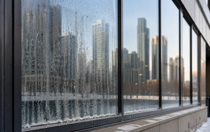 Commercial window glass damage in Chicago IL showing salt residue and pollution buildup on a high-rise building window