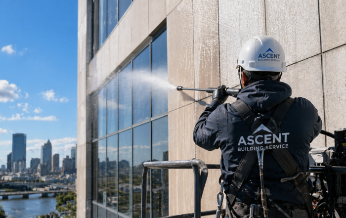 Professional exterior building cleaning in Milwaukee WI with technician performing high-rise pressure washing on commercial facade