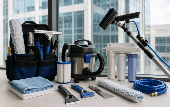 Professional tools used for post construction window cleaning in St Louis MO, including water-fed pole system, HEPA vacuum, and glass cleaning equipment