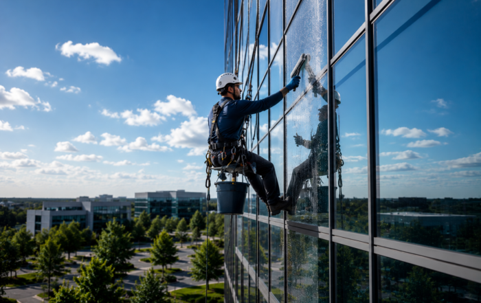 Professional commercial window cleaner performing exterior maintenance on a modern office building in Naperville IL