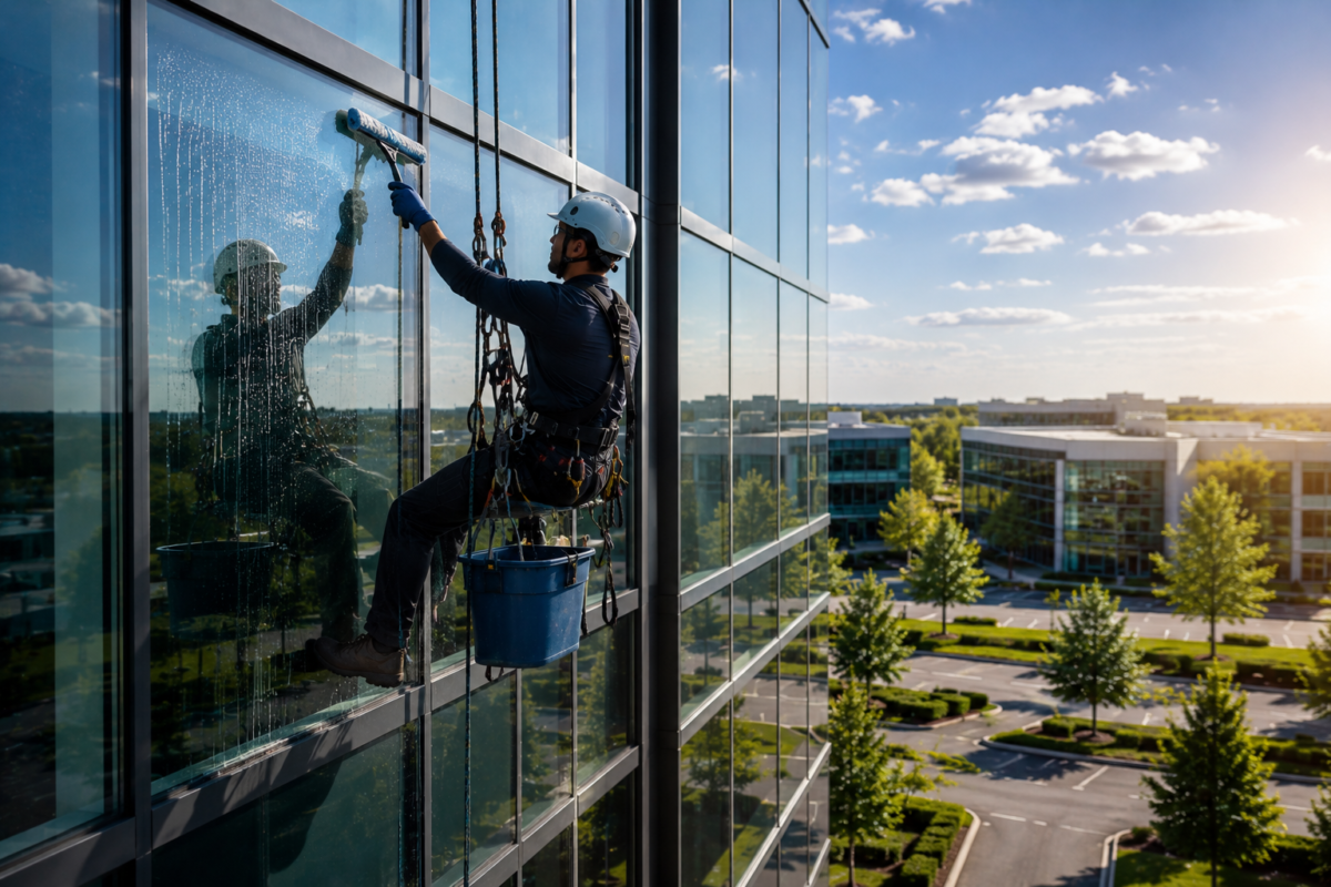 Commercial window maintenance worker cleaning exterior glass on a modern office building in Naperville IL