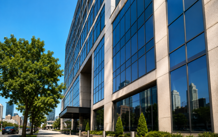 Clean commercial office building exterior in Kansas City, MO showcasing professionally maintained glass windows and facade during summer conditions.