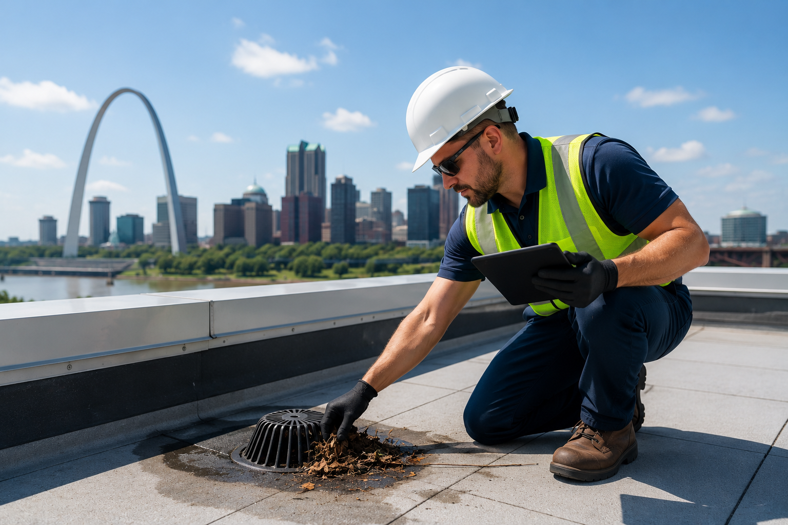 Commercial maintenance technician inspecting and clearing a rooftop drain as part of a building maintenance program in St. Louis, MO.