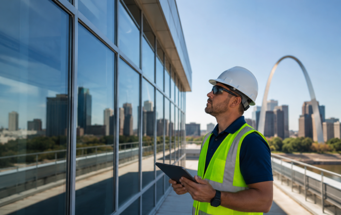 Commercial building maintenance inspection of exterior windows and facade on a modern office building in St. Louis, MO during summer.