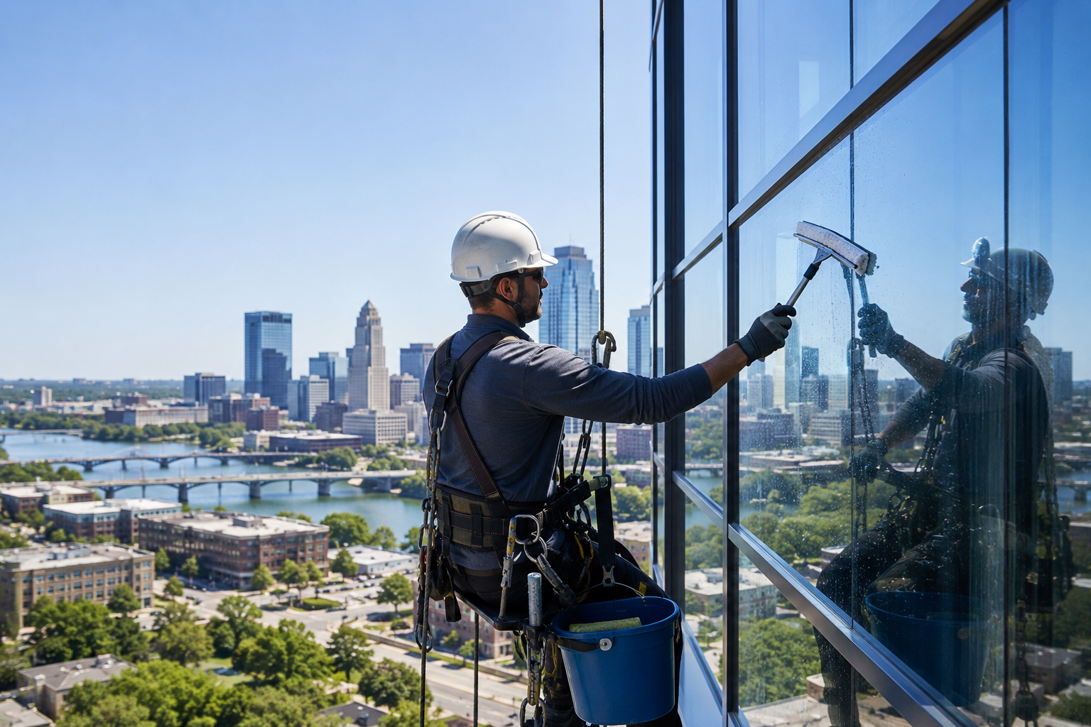 Professional building window cleaning Minneapolis service helping improve natural light and energy efficiency in a downtown commercial high-rise