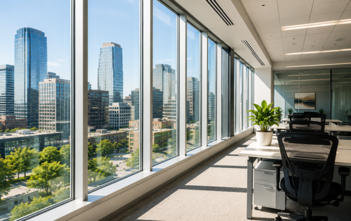 Commercial window cleaning Minneapolis MN helping maximize natural daylight and energy efficiency in a modern office building