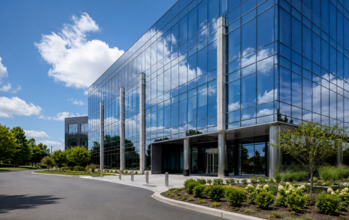 Modern Indianapolis office building with clear restored glass windows showcasing professional commercial glass restoration and building maintenance.