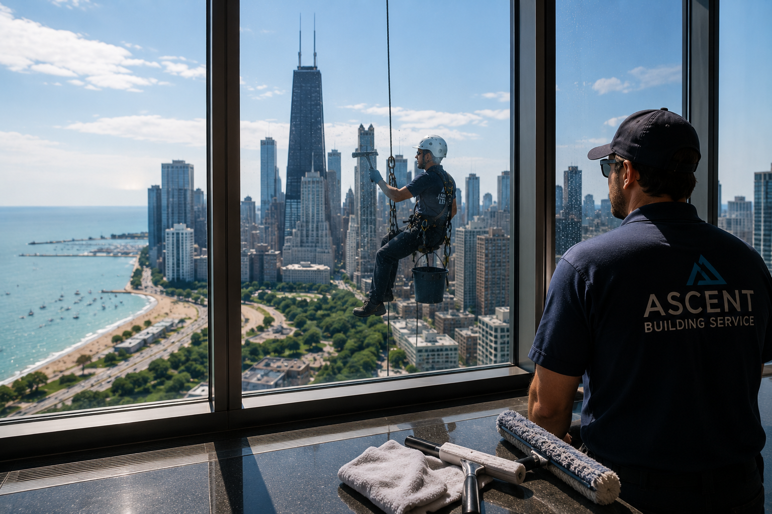 nterior view of commercial high-rise window cleaning project with rope access technician cleaning skyscraper windows in Chicago IL