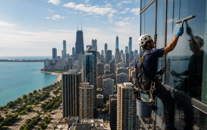 Professional high-rise window cleaner performing exterior glass cleaning on a Chicago skyscraper during summer using rope access equipment.