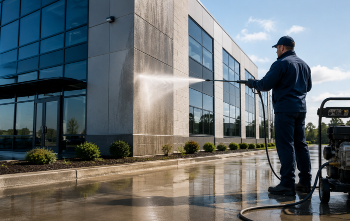 Power washing Milwaukee WI commercial building exterior to remove dirt, salt residue, and surface buildup from exterior surfaces
