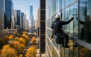 Commercial building maintenance in Chicago IL featuring professional window cleaning on a downtown office building as part of fall exterior maintenance before winter.