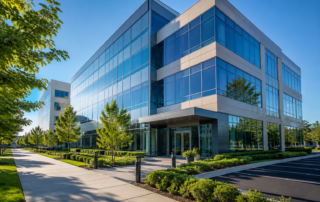 Modern commercial office building showcasing the importance of commercial building maintenance in Highland Park IL through clean, well-maintained exterior surfaces and professional curb appeal.
