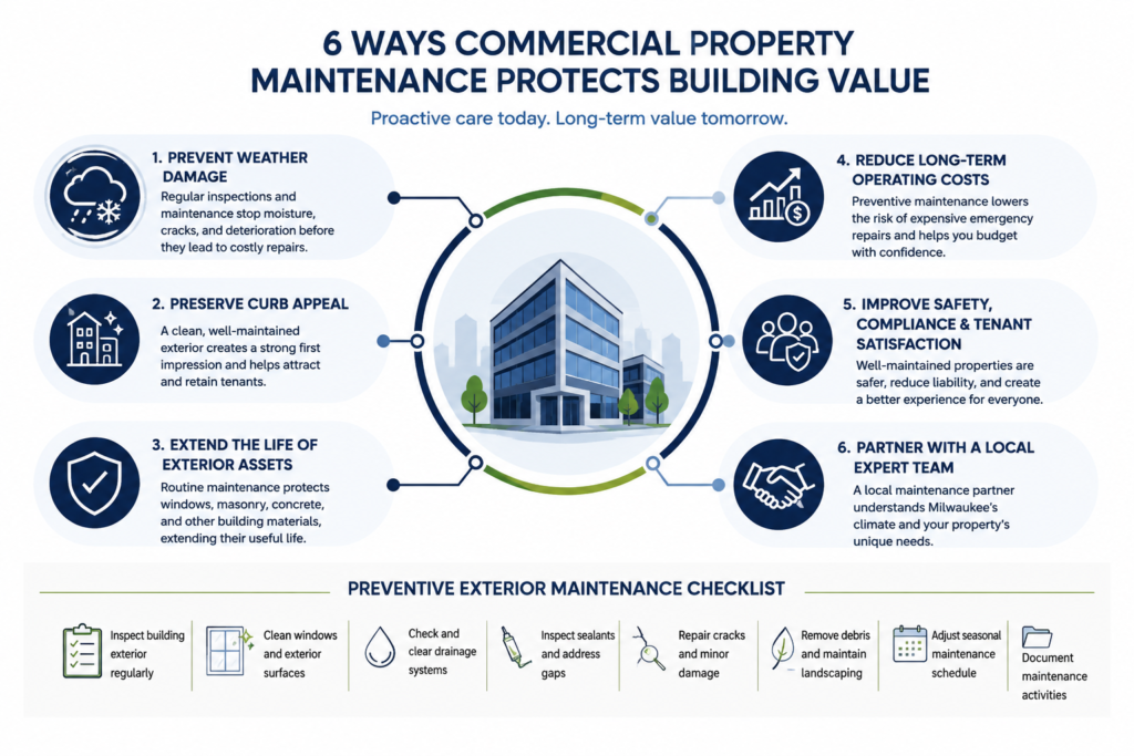 Infographic showing how commercial property maintenance in Milwaukee WI protects building value through preventive exterior maintenance, lower repair costs, improved curb appeal, and a proactive maintenance checklist.