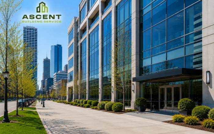 Modern commercial office building in Milwaukee WI demonstrating the benefits of commercial property maintenance through a clean, well-maintained exterior.