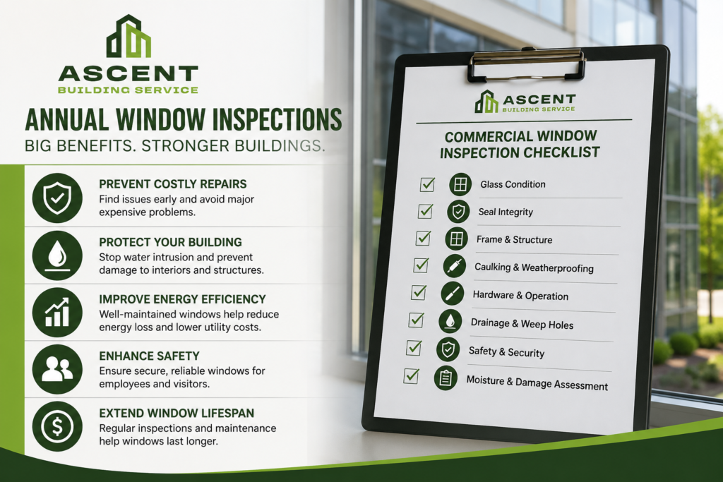Ascent Building Service commercial window inspection checklist for Indianapolis businesses highlighting preventive maintenance, safety, energy efficiency, and window lifespan benefits.