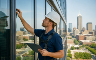 Technician performing a commercial window inspection in Indianapolis on a high-rise office building to identify glass, seal, and frame issues as part of preventive building maintenance.