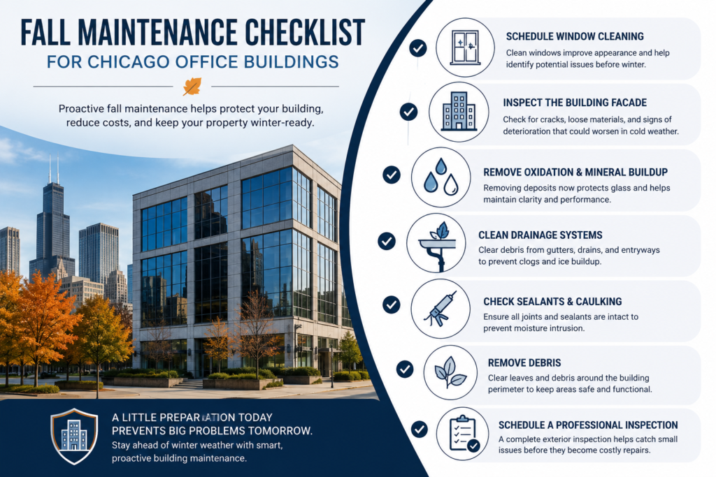 Fall maintenance checklist for office buildings in Chicago showing essential commercial building maintenance tasks including window cleaning, facade inspection, drainage checks, sealant inspection, and preventive exterior maintenance before winter.