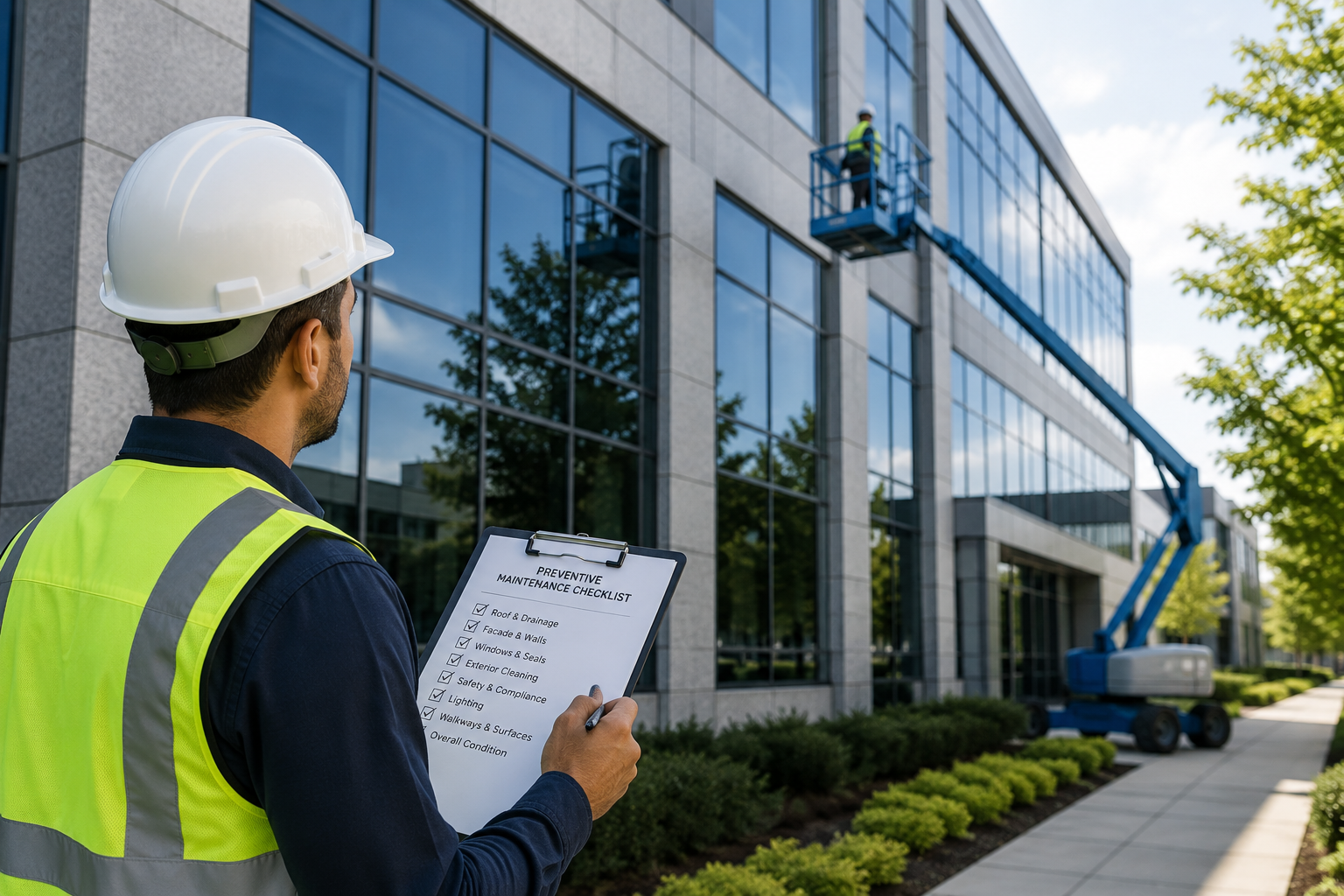 Technician performing preventive commercial building maintenance in Highland Park IL with an exterior inspection checklist to help protect commercial property and prevent costly repairs.