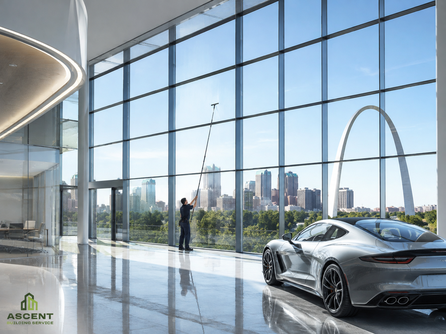 Commercial glass cleaning at a modern showroom in St. Louis, MO by Ascent Building Service.