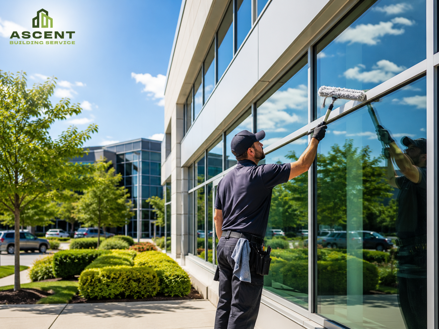 Commercial window cleaning technician cleaning office building windows in Arlington Heights, IL for Ascent Building Service