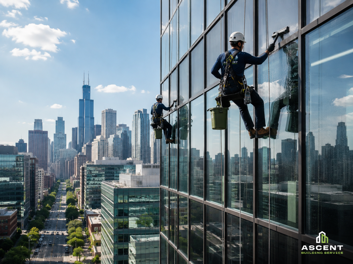 Commercial window cleaning on a high-rise office building in Cook County, IL by Ascent Building Service.